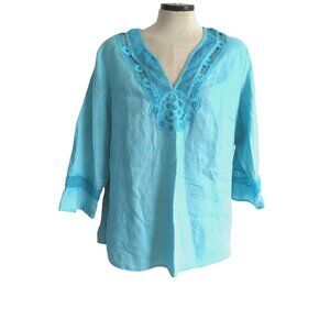 Silk Land Woman 100% Linen Top Tunic Turquoise Crochet Mesh Trim Size 1X-lp43